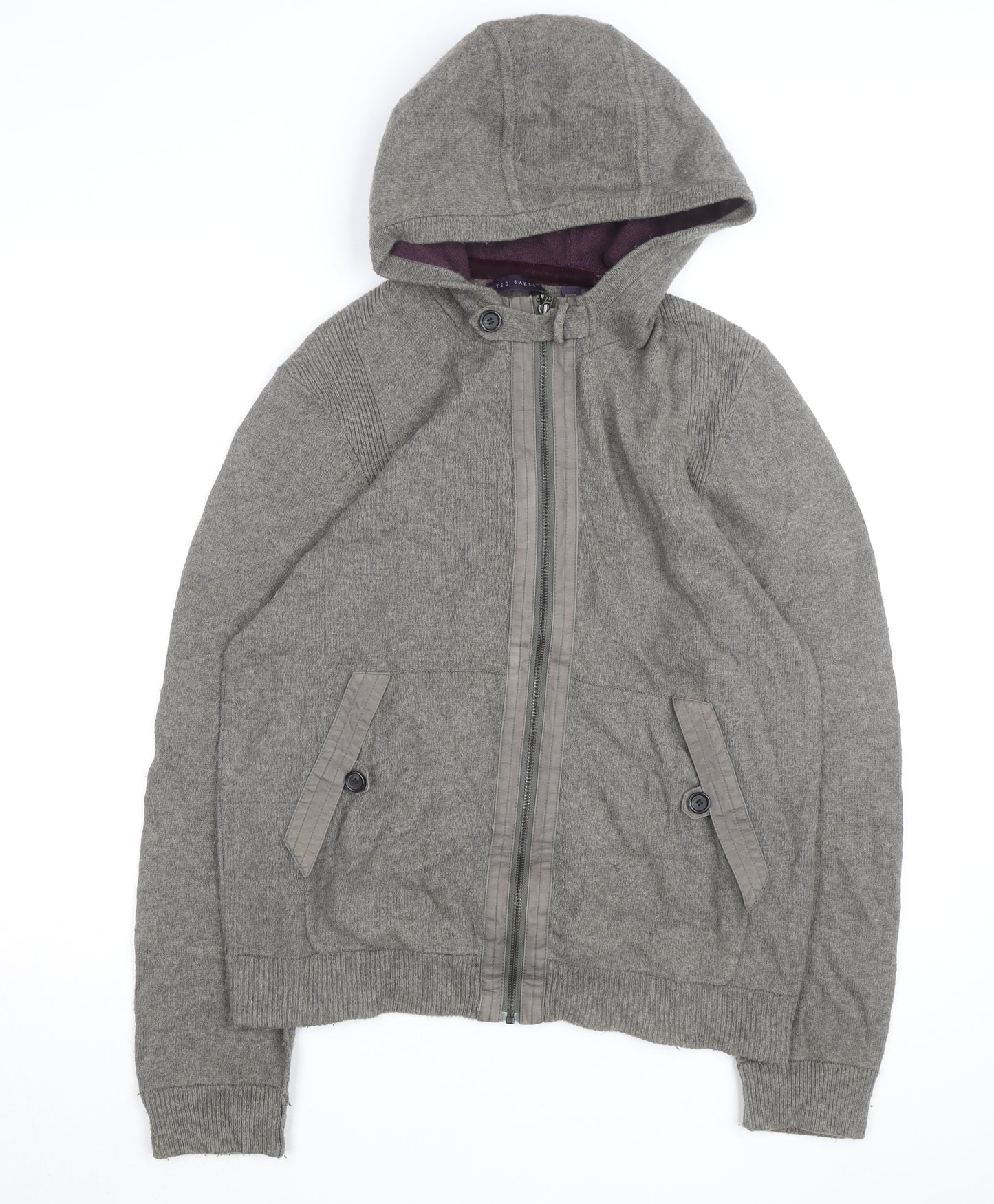 Ted Baker Women Grey Wool Blend Hooded Full Zip Jumper Size M