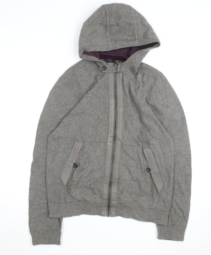 Ted Baker Women Grey Wool Blend Hooded Full Zip Jumper Size M