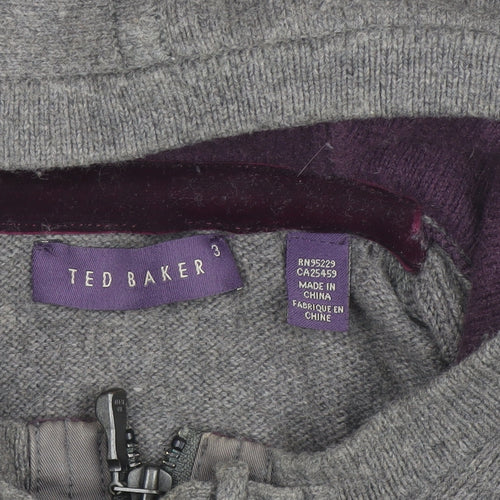 Ted Baker Women Grey Wool Blend Hooded Full Zip Jumper Size M