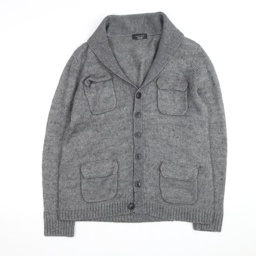 Zara Man Grey Wool Blend Collared Knit Cardigan XL Men's