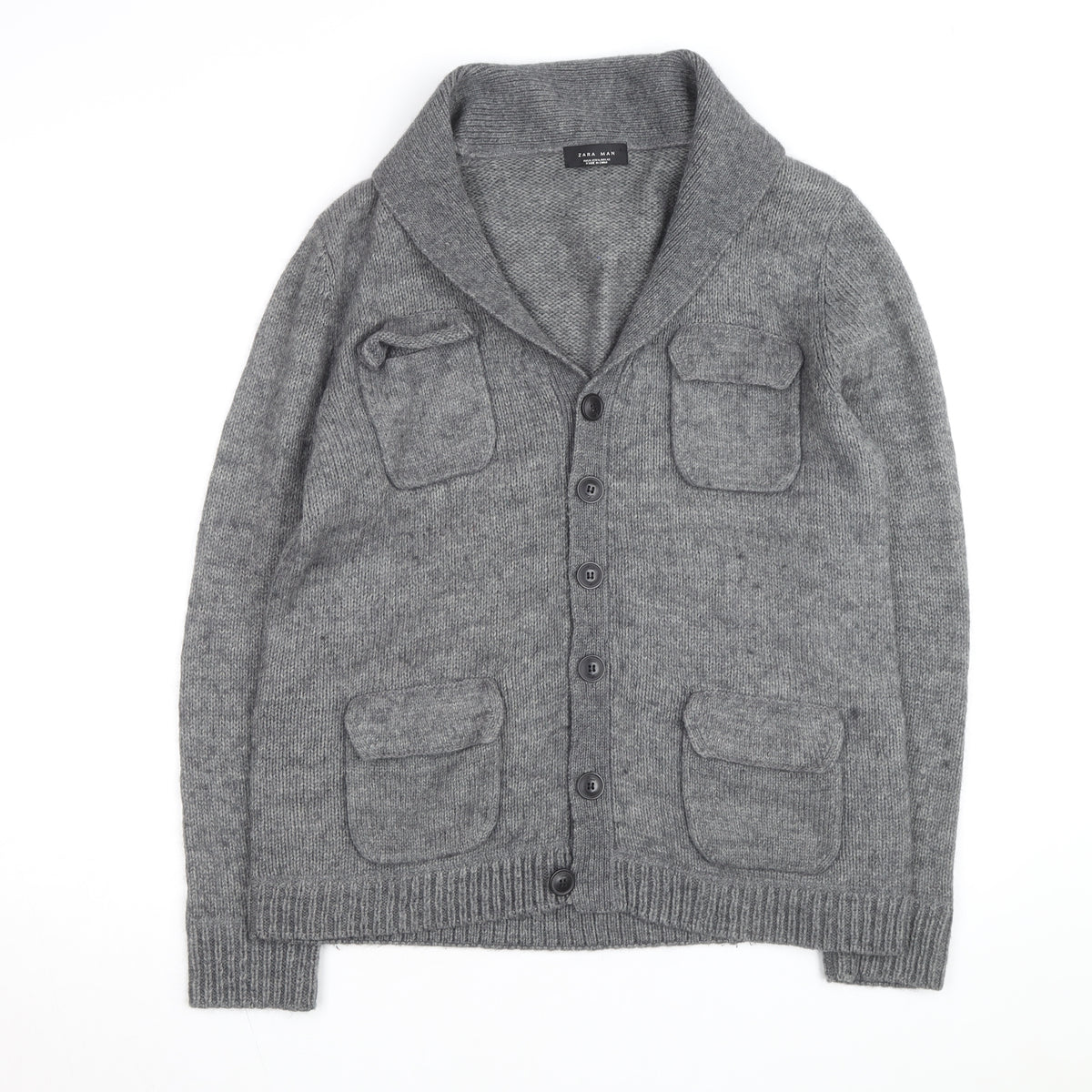Zara Man Grey Wool Blend Collared Knit Cardigan XL Men's