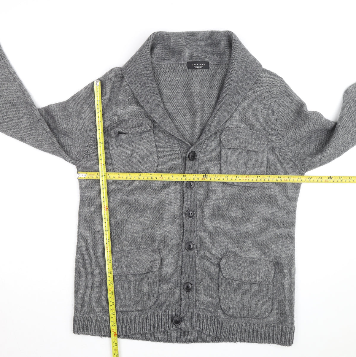 Zara Man Grey Wool Blend Collared Knit Cardigan XL Men's