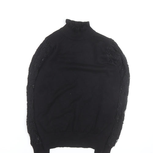 New Look Women's Black Lace Sleeve Roll Neck Top Size 8