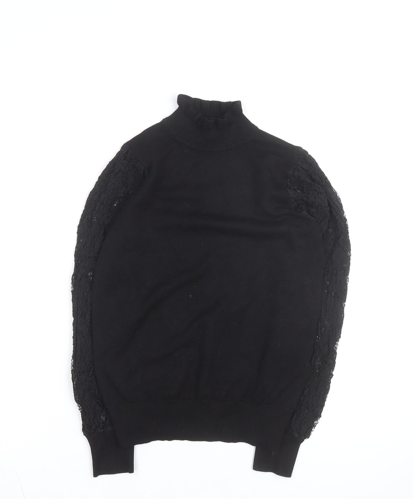 New Look Women's Black Lace Sleeve Roll Neck Top Size 8