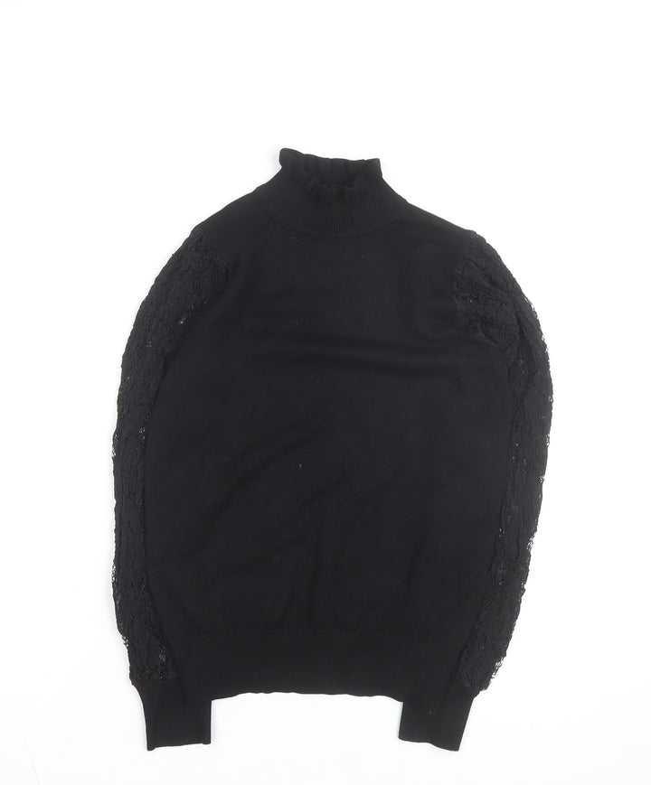 New Look Women's Black Lace Sleeve Roll Neck Top Size 8