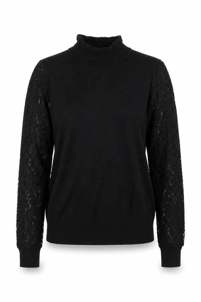Front view of New Look Women's Black Lace Sleeve Roll Neck Top, size 8