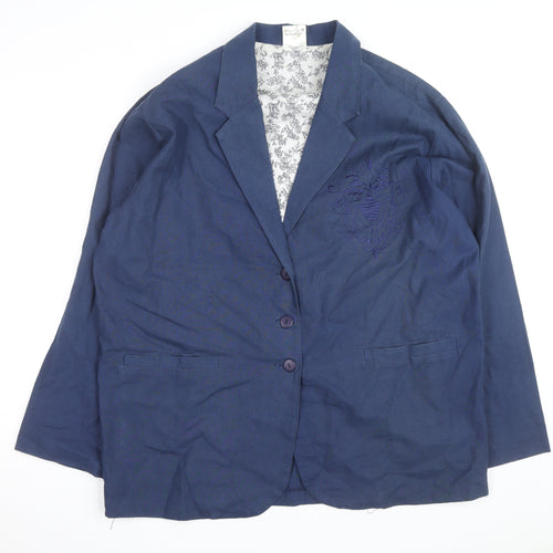 ZONE Women's Blue Embroidered Blazer Jacket Size 18 Linen Blend