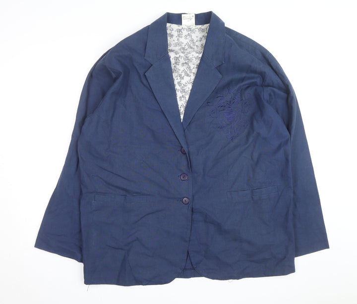 ZONE Women's Blue Embroidered Blazer Jacket Size 18 Linen Blend
