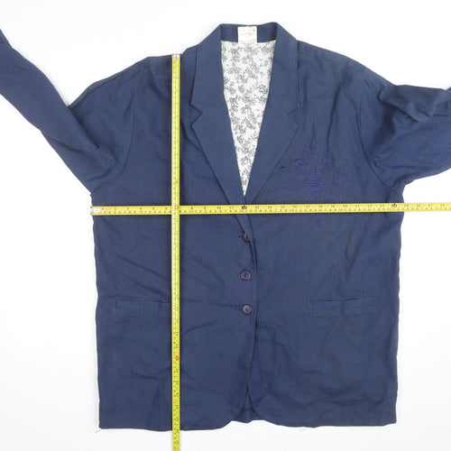 ZONE Women's Blue Embroidered Blazer Jacket Size 18 Linen Blend