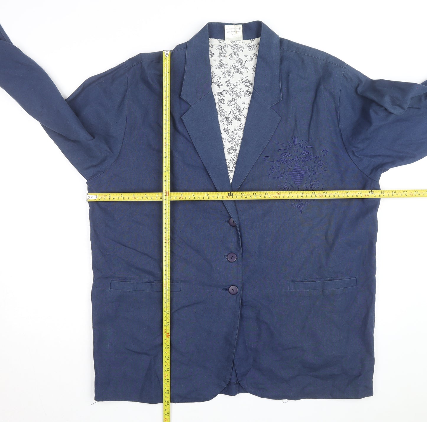 ZONE Women's Blue Embroidered Blazer Jacket Size 18 Linen Blend
