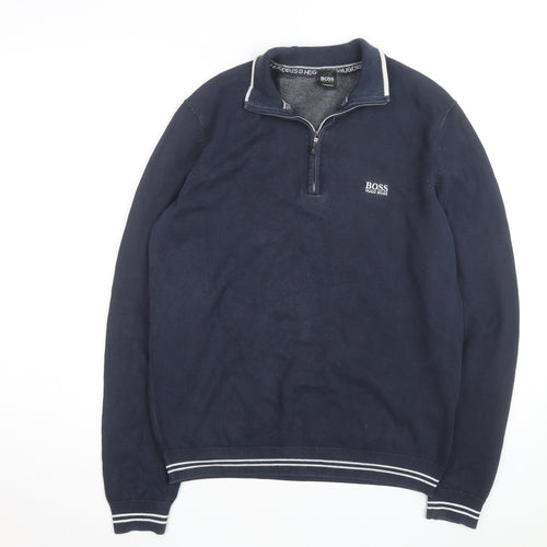 Hugo Boss Men's Blue Cotton 1/2 Zip Collared Jumper Size M