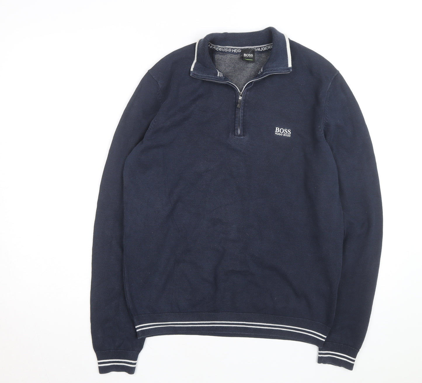 Hugo Boss Men's Blue Cotton 1/2 Zip Collared Jumper Size M