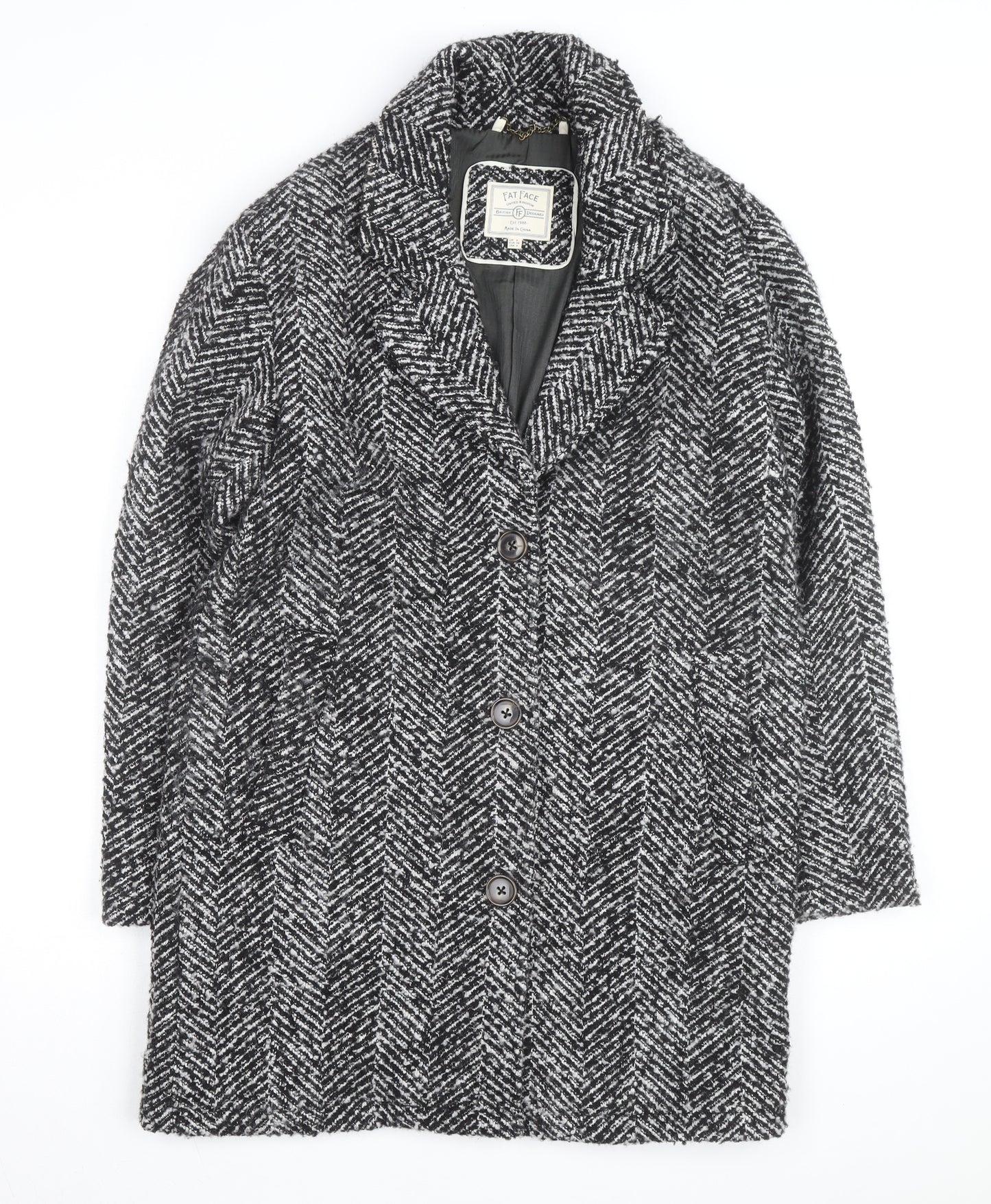 Fat Face Women’s Black Herringbone Wool Blend Mid-Length Coat Size 8