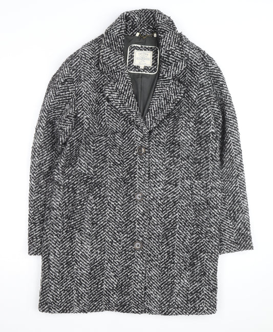 Fat Face Women’s Black Herringbone Wool Blend Mid-Length Coat Size 8