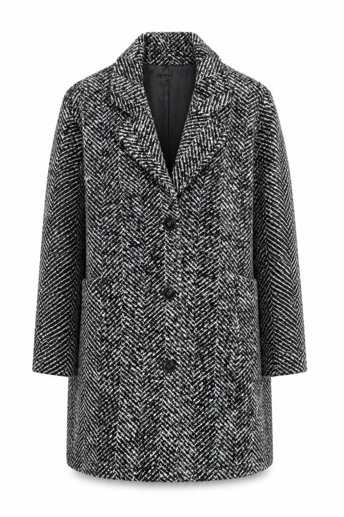 Front view of FatFace Women’s Black Herringbone Wool Blend Mid-Length Coat, size UK 8