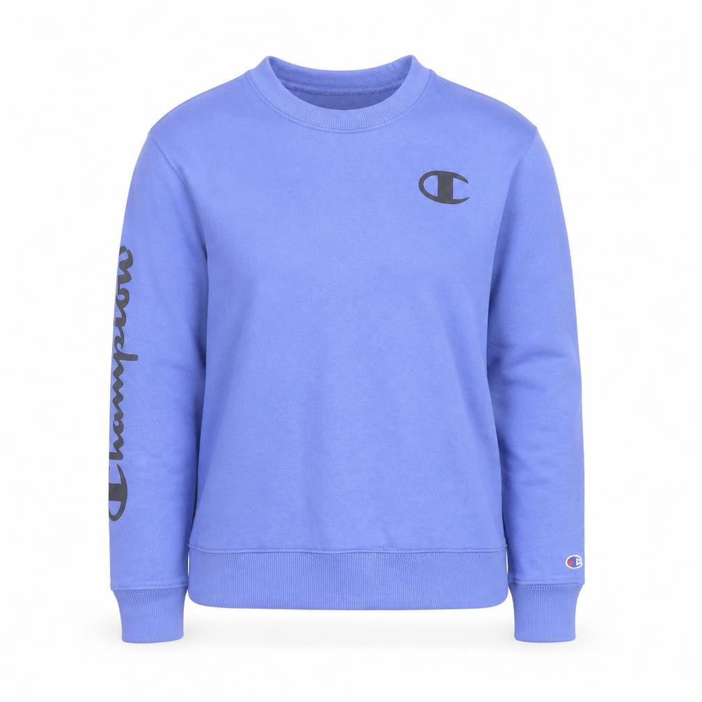 Front view of Champion Women Blue Logo Crew Neck Pullover Sweatshirt, size M