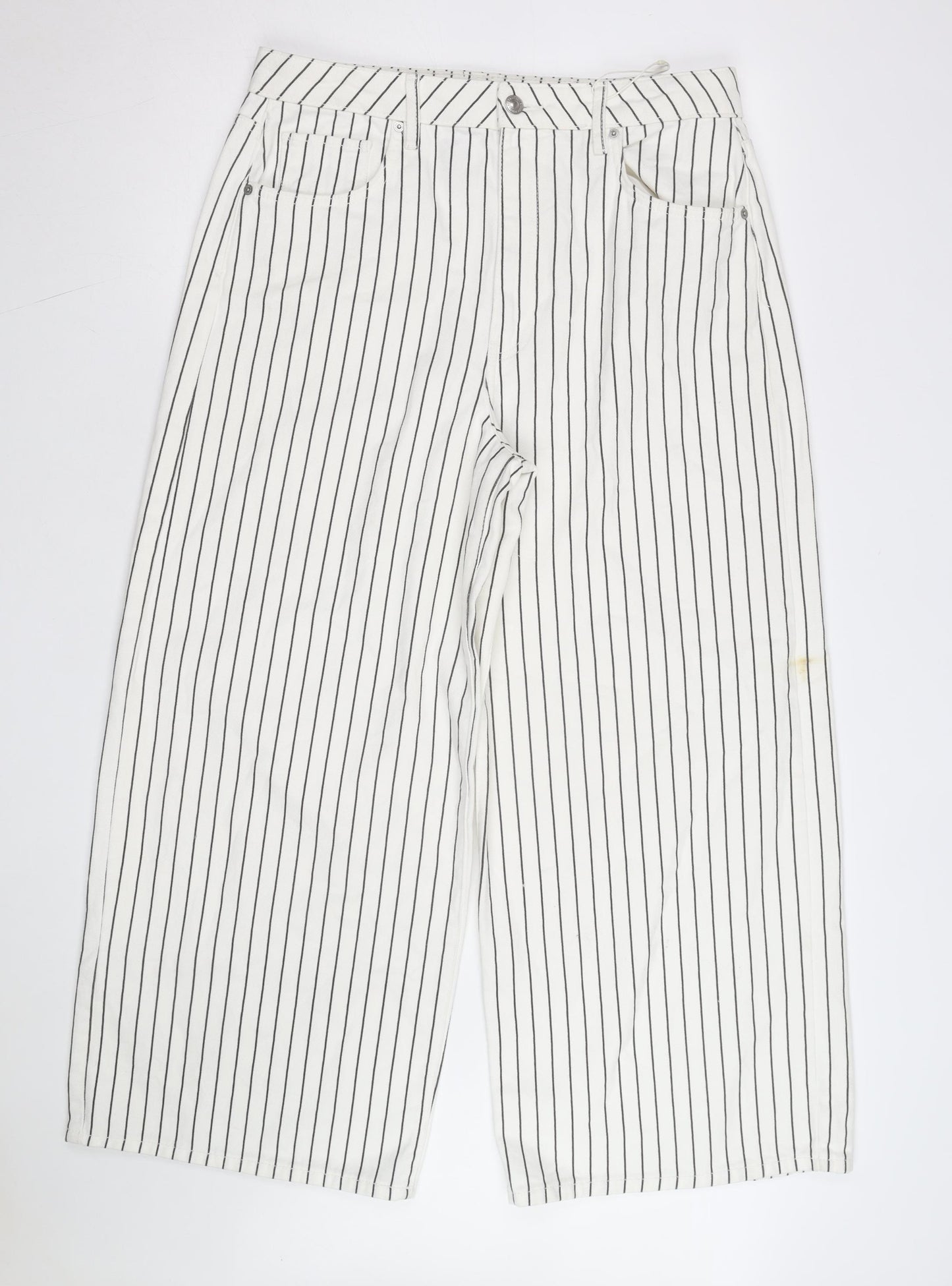 Marks and Spencer Women’s White Striped Wide-Leg Cotton Trousers Size 16