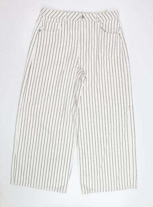 Marks and Spencer Women’s White Striped Wide-Leg Cotton Trousers Size 16