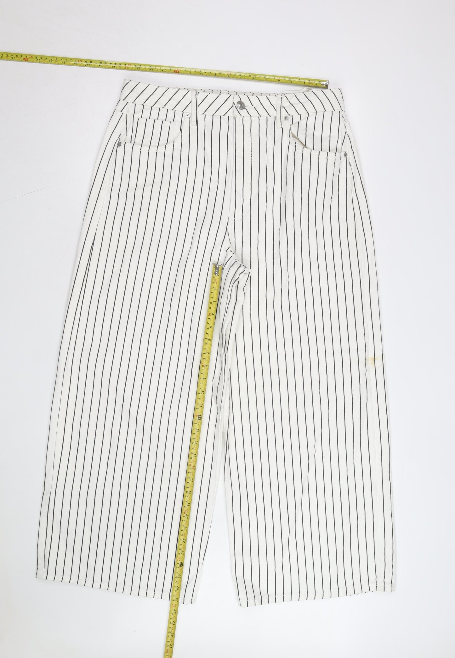 Marks and Spencer Women’s White Striped Wide-Leg Cotton Trousers Size 16