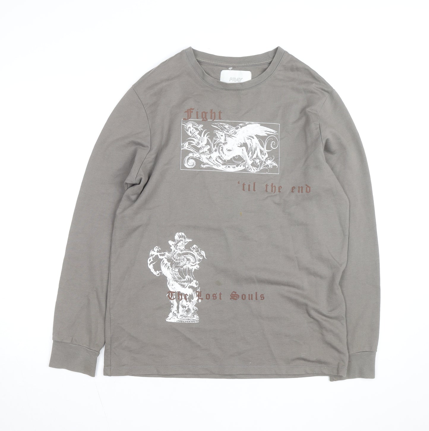 Pray Men’s Grey XS Long Sleeve Gothic Graphic Cotton Top