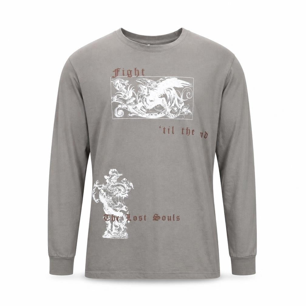 Front view of Pray Men’s Grey XS Long Sleeve Gothic Graphic Cotton Top