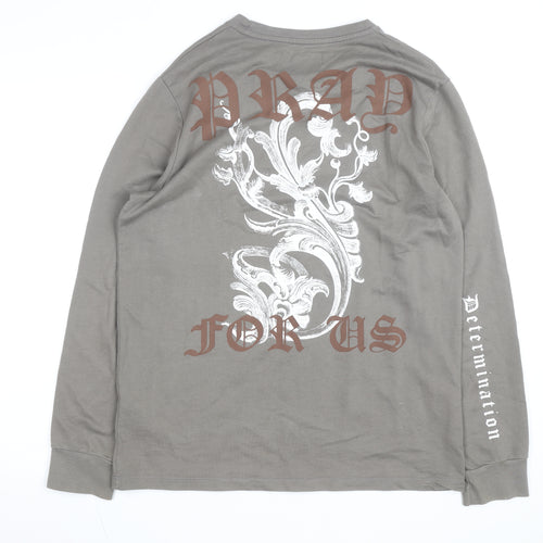 Pray Men’s Grey XS Long Sleeve Gothic Graphic Cotton Top