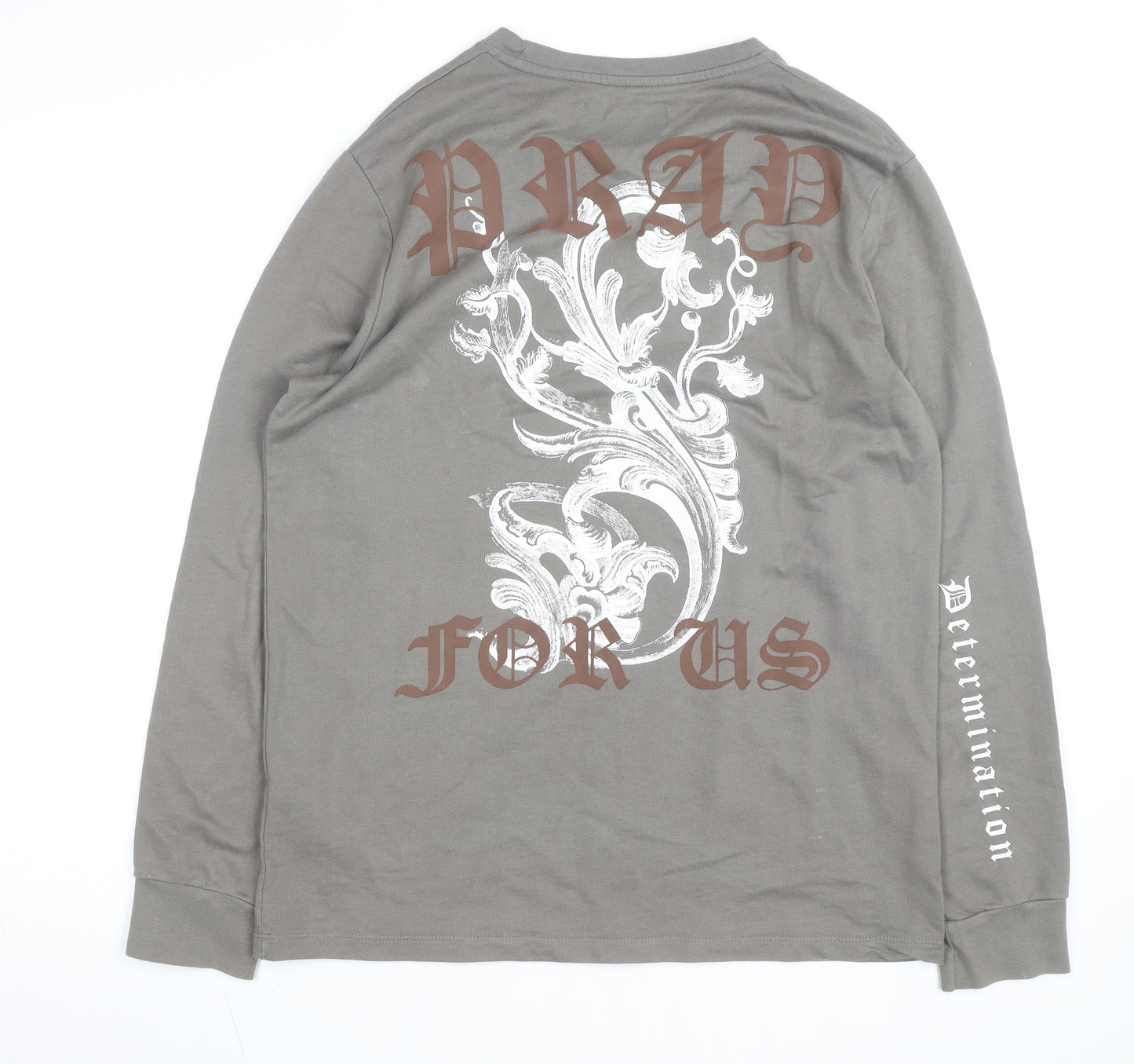 Pray Men’s Grey XS Long Sleeve Gothic Graphic Cotton Top