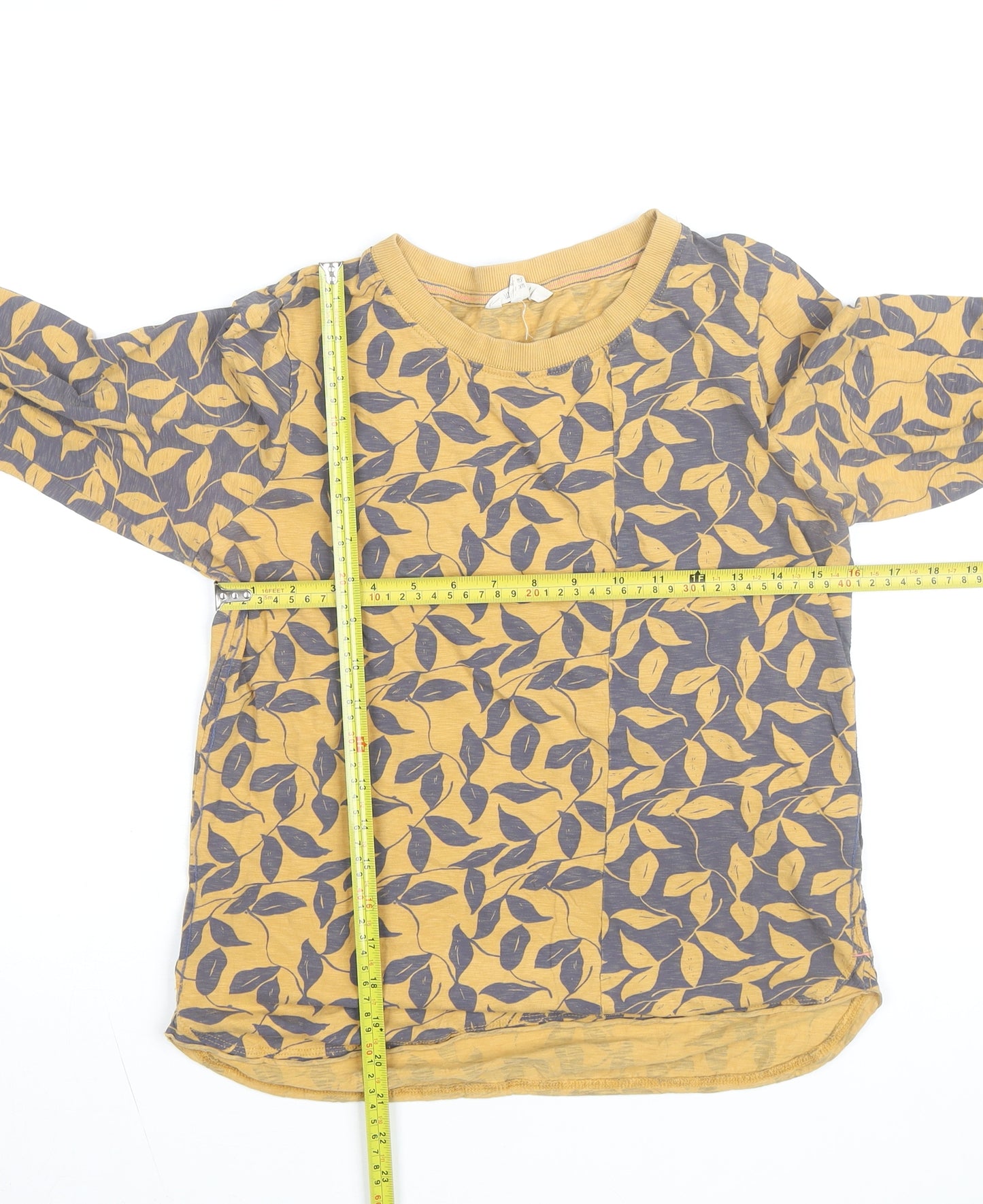 White Stuff Women’s Yellow Leaf Print Long Sleeve Cotton T-Shirt Size 10