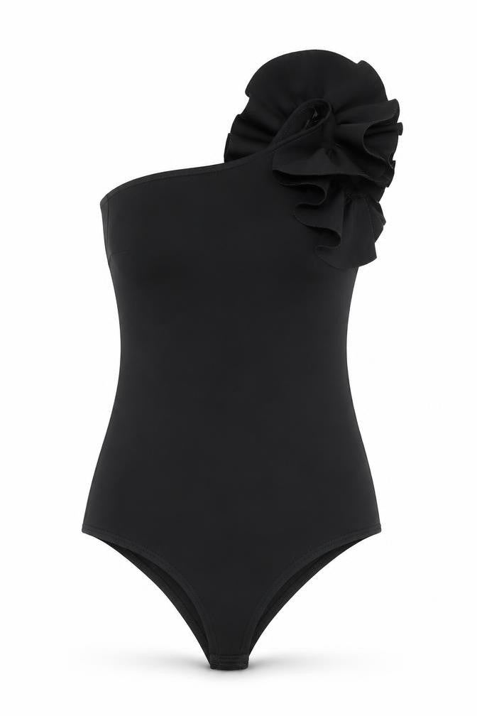 Front view of Pink Vanilla Women's Black One-Shoulder Ruffle Swimsuit UK 12