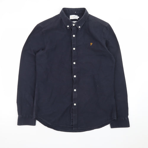 Farah Men's Blue Slim Fit Button-Down Long Sleeve Cotton Shirt M