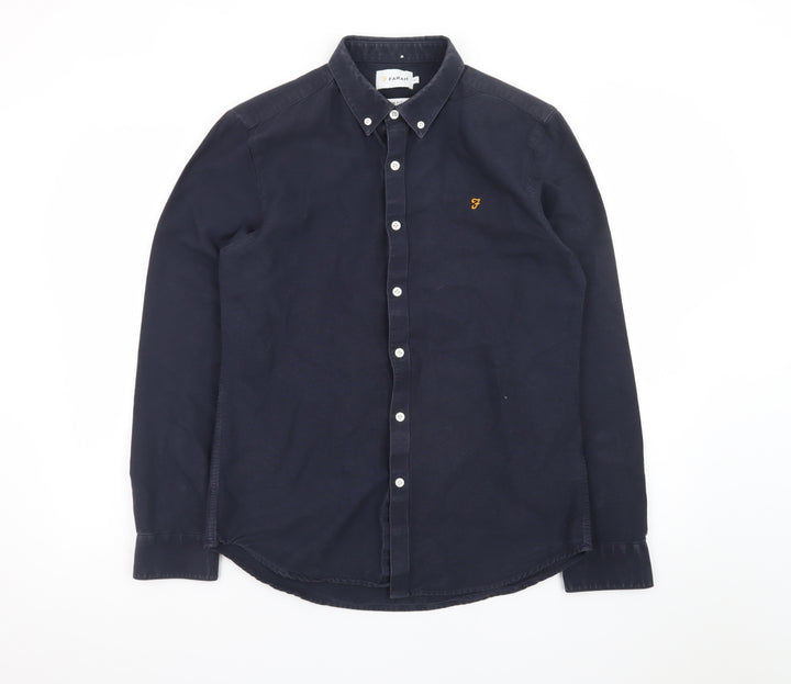 Farah Men's Blue Slim Fit Button-Down Long Sleeve Cotton Shirt M