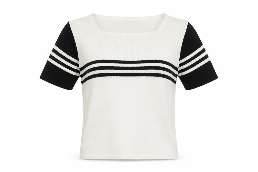 Front view of Deane & White Women's White Striped Knit jumper, size M