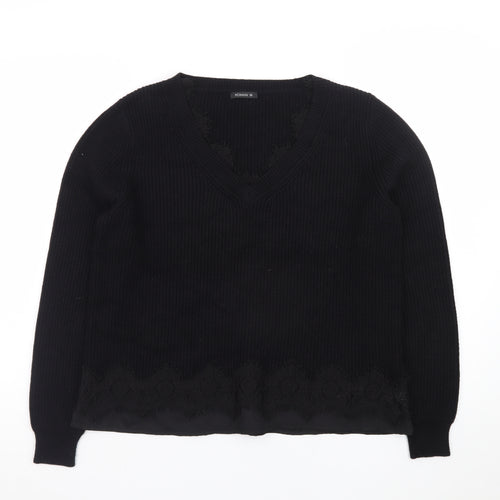Roman Women Black V-Neck Lace Hem Long Sleeve Pullover Jumper Size 12