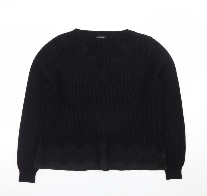 Roman Women Black V-Neck Lace Hem Long Sleeve Pullover Jumper Size 12