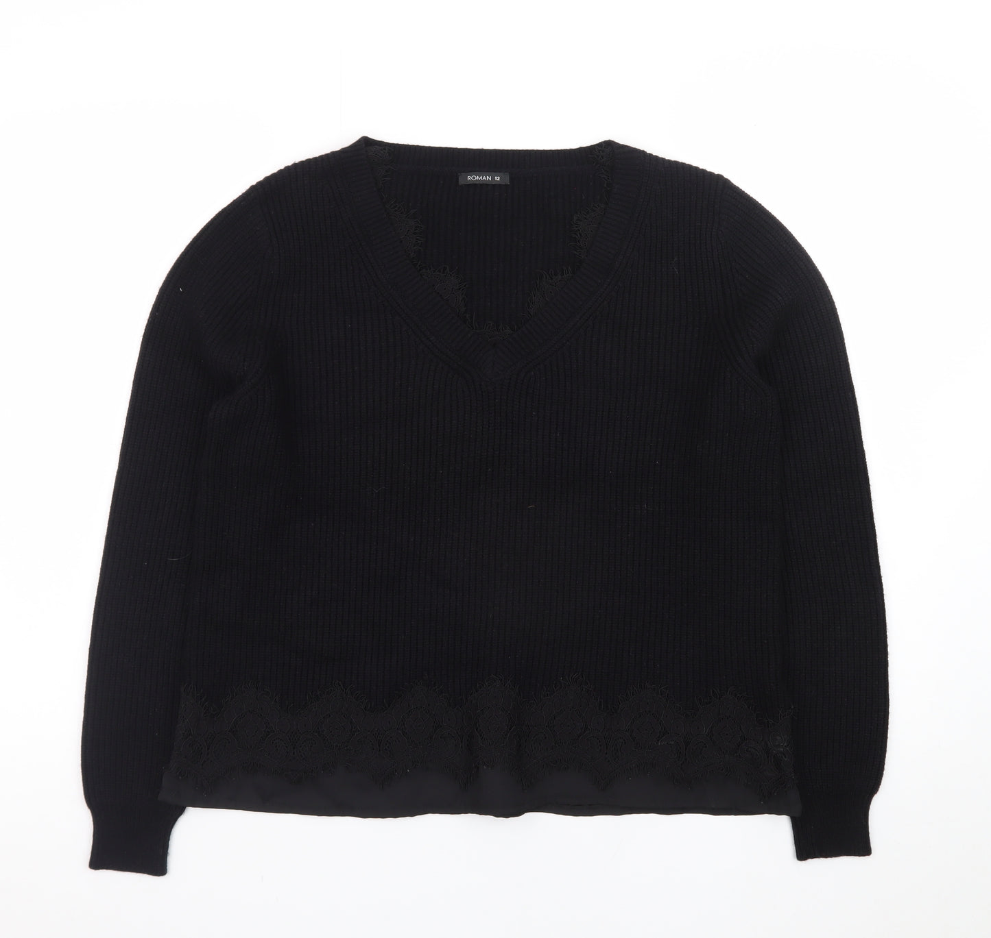 Roman Women Black V-Neck Lace Hem Long Sleeve Pullover Jumper Size 12