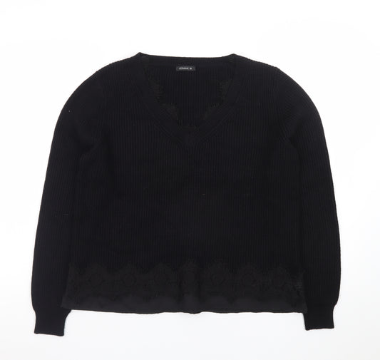 Roman Women Black V-Neck Lace Hem Long Sleeve Pullover Jumper Size 12