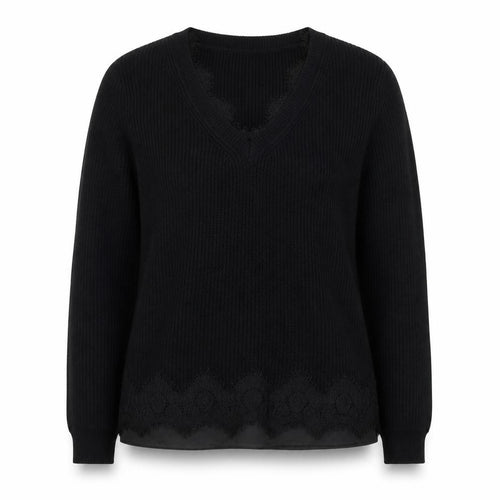 Roman Women Black V-Neck Lace Hem Long Sleeve Pullover Jumper Size 12
