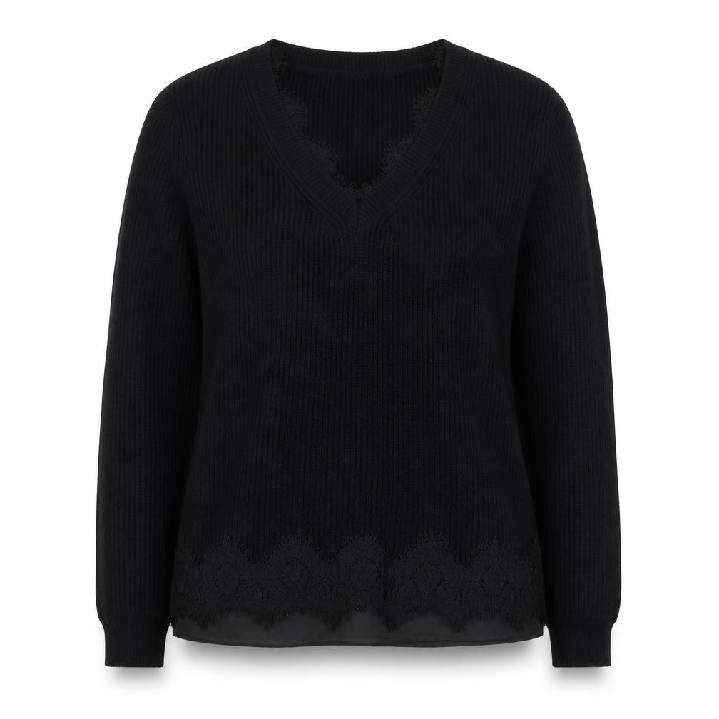 Roman Women Black V-Neck Lace Hem Long Sleeve Pullover Jumper Size 12