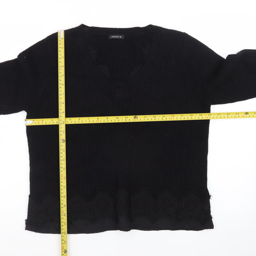 Roman Women Black V-Neck Lace Hem Long Sleeve Pullover Jumper Size 12