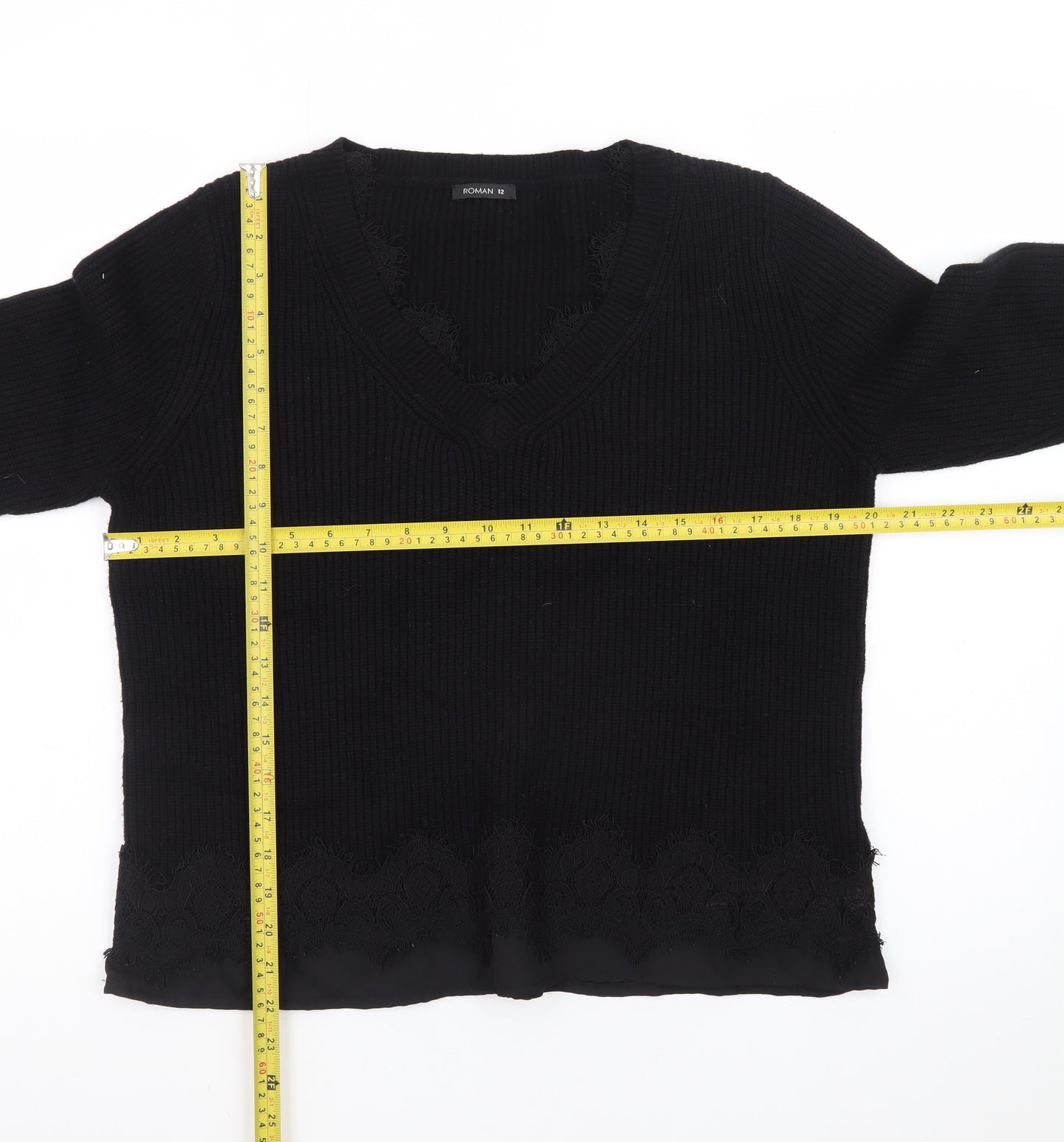 Roman Women Black V-Neck Lace Hem Long Sleeve Pullover Jumper Size 12