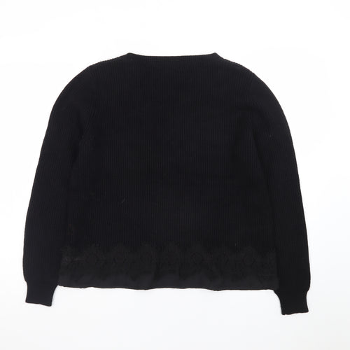 Roman Women Black V-Neck Lace Hem Long Sleeve Pullover Jumper Size 12