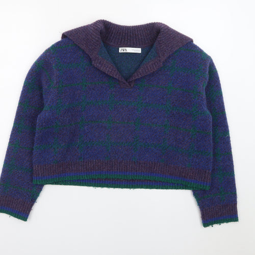 ZARA Women Purple Check Collared Wool Blend Chunky Pullover Jumper Size 12