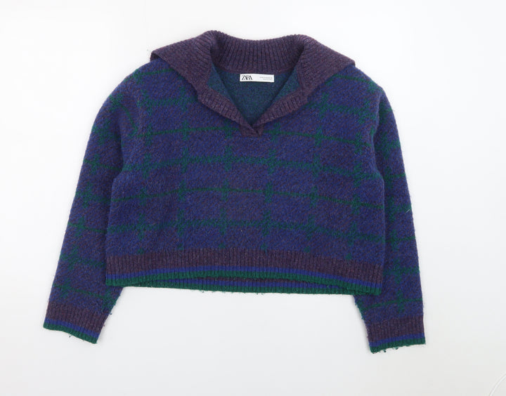 ZARA Women Purple Check Collared Wool Blend Chunky Pullover Jumper Size 12