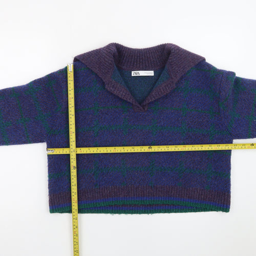 ZARA Women Purple Check Collared Wool Blend Chunky Pullover Jumper Size 12