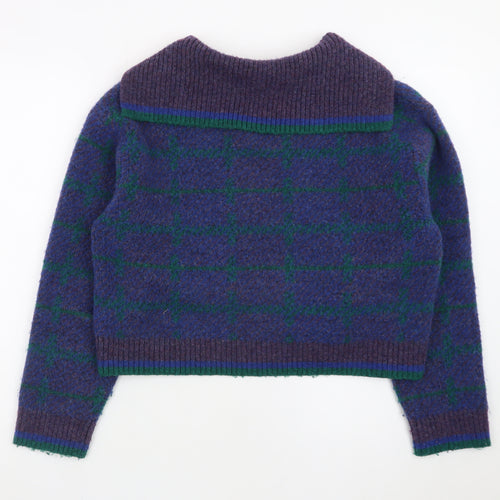 ZARA Women Purple Check Collared Wool Blend Chunky Pullover Jumper Size 12