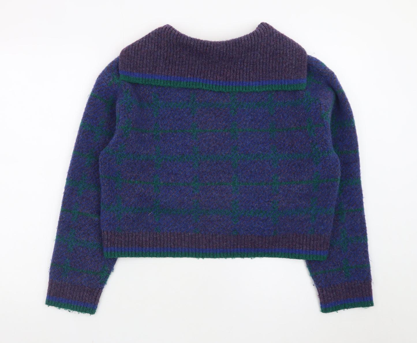 ZARA Women Purple Check Collared Wool Blend Chunky Pullover Jumper Size 12