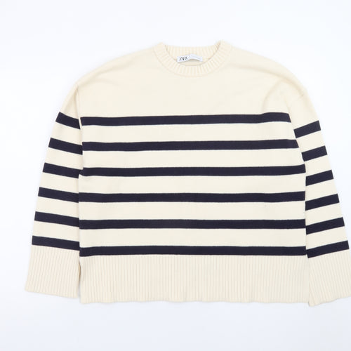 ZARA Womens Beige Striped Crew Neck Cotton Knit Jumper Size 12