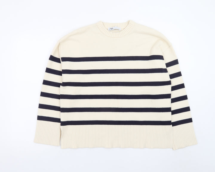 ZARA Womens Beige Striped Crew Neck Cotton Knit Jumper Size 12