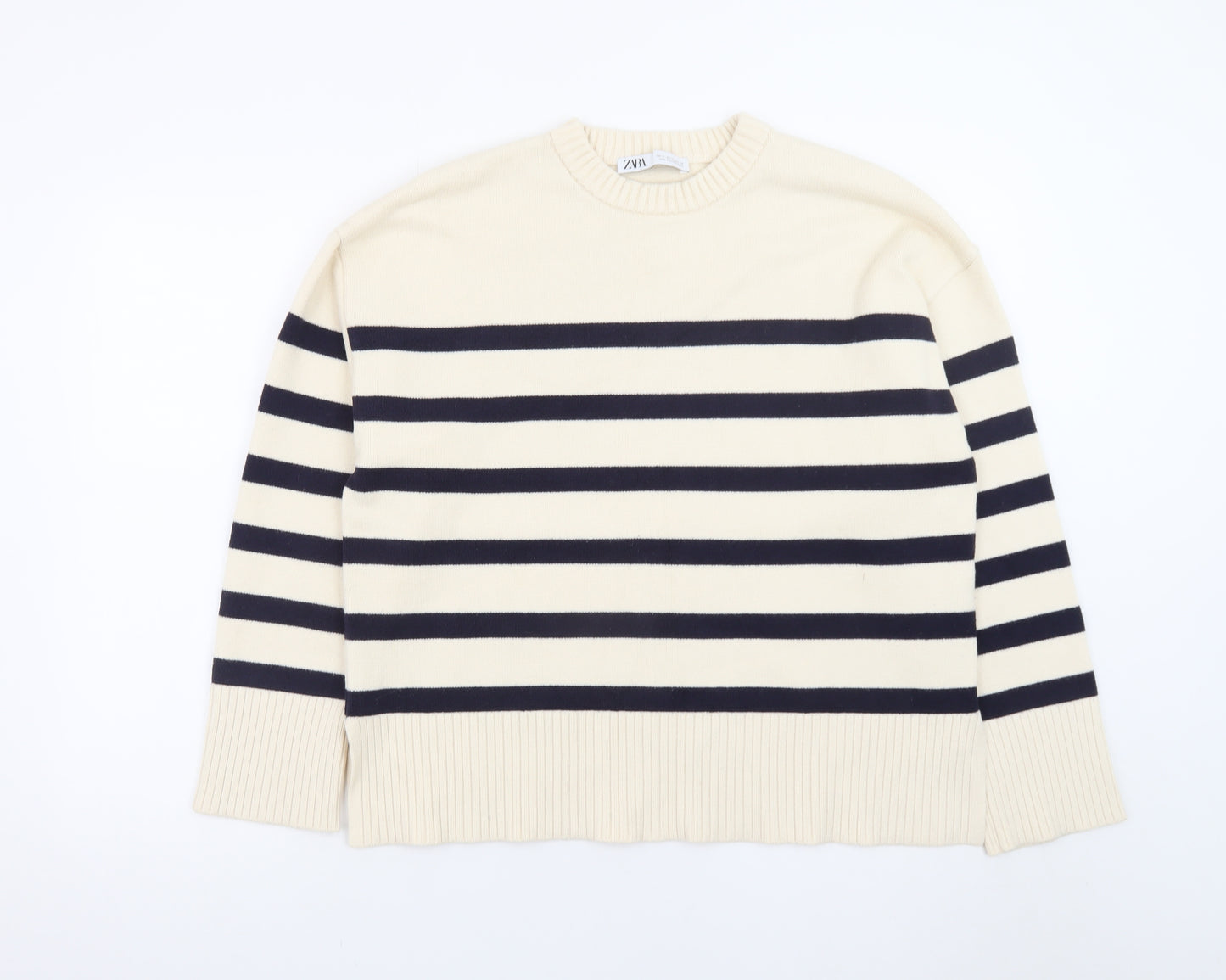 ZARA Womens Beige Striped Crew Neck Cotton Knit Jumper Size 12