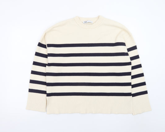 ZARA Womens Beige Striped Crew Neck Cotton Knit Jumper Size 12